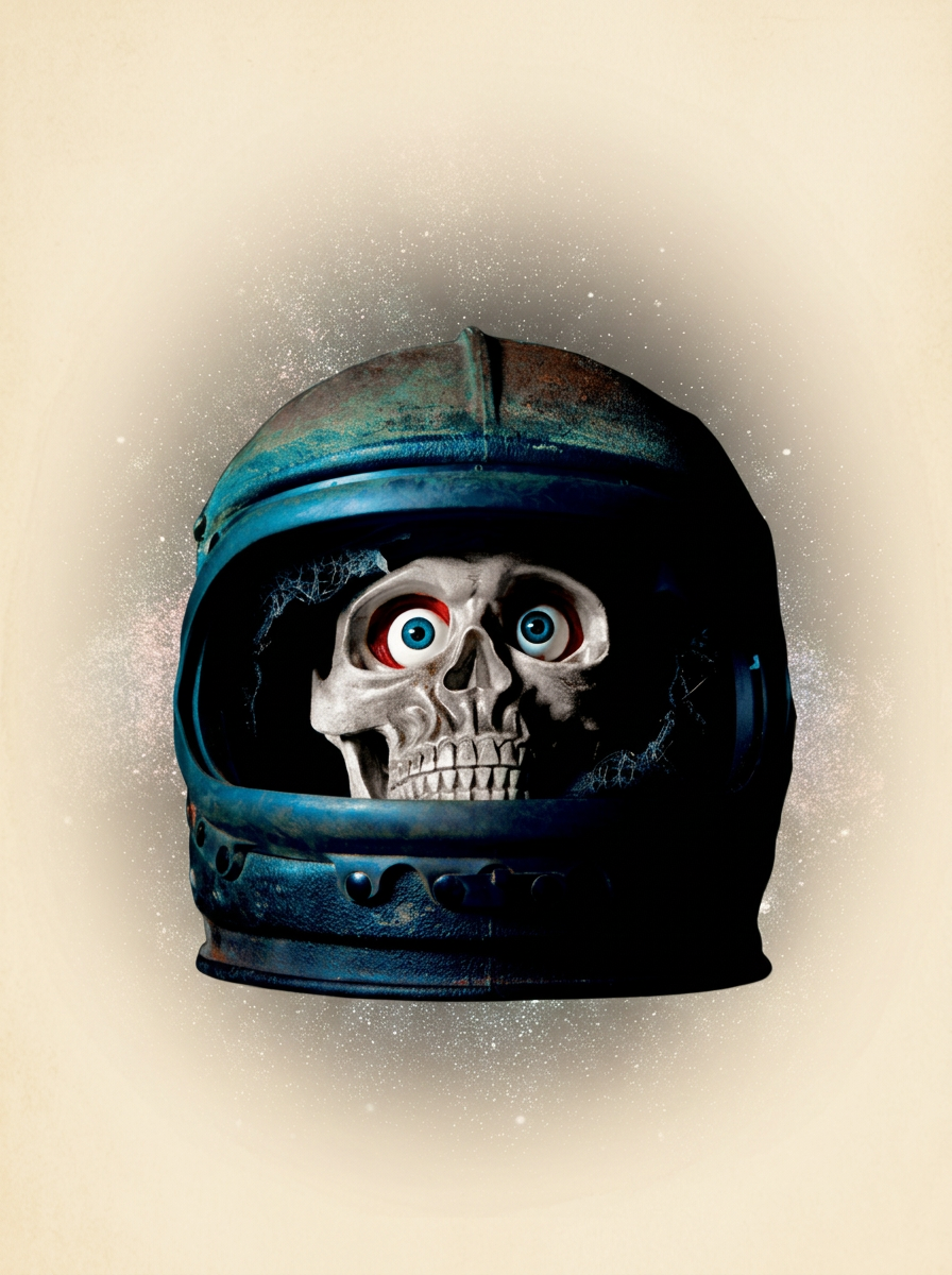 Skull in a battered astronaut helmet — emblem of Andrew Schrader's fiction